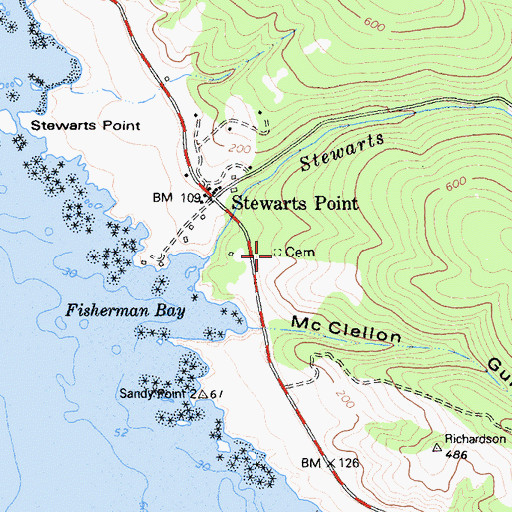 Topographic Map of Stewarts Point Cemetery, CA