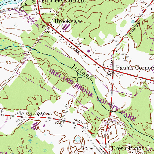Topographic Map of Ireland Brook County Park, NJ