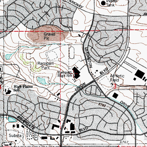 Topographic Map of Rampart High School, CO