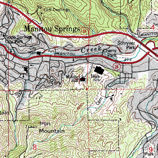 Topographic Map of Manitou Springs Middle School, CO