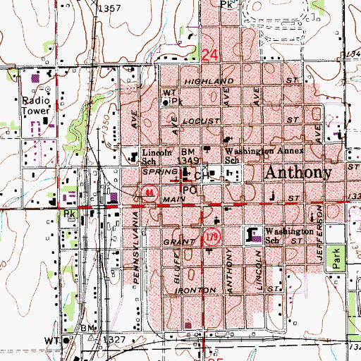 Topographic Map of Anthony Post Office, KS