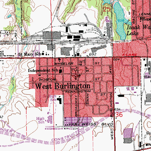 Topographic Map of West Burlington Volunteer Fire Department, IA