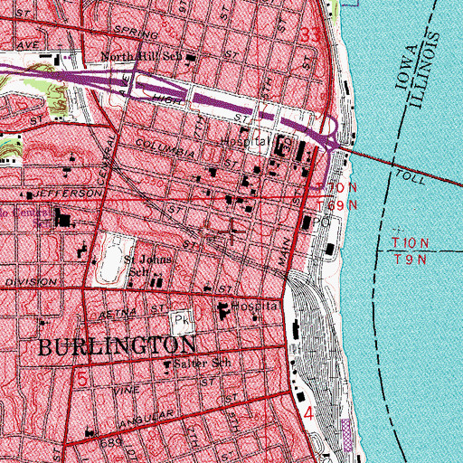 Topographic Map of Burlington Fire Department Central Fire Station, IA