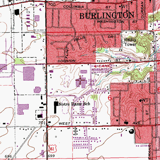 Topographic Map of Burlington High School, IA