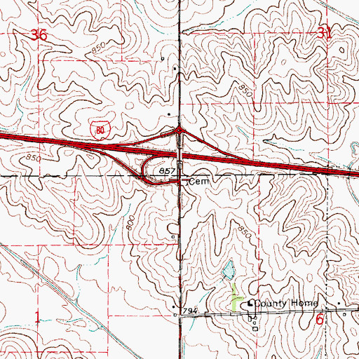 Topographic Map of Iowa County Home Cemetery, IA