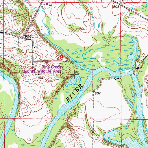 Topographic Map of Pine Creek County Wildlife Area, IA