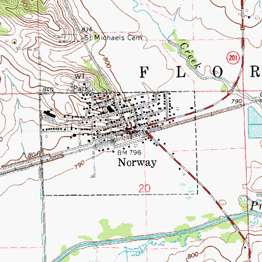 Topographic Map of Norway, IA