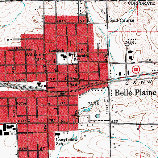 Topographic Map of Belle Plaine Post Office, IA