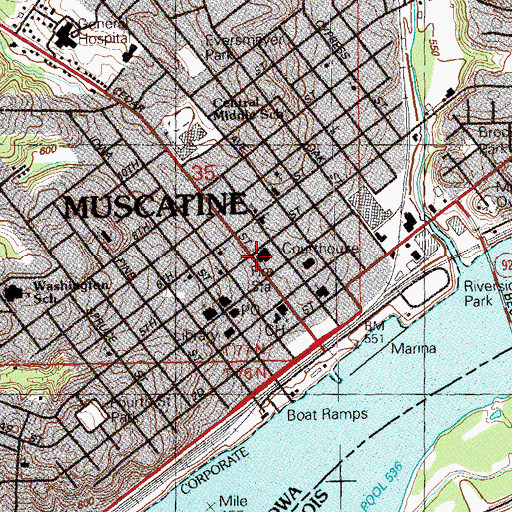 Topographic Map of Muscatine Fire Department, IA
