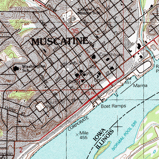 Topographic Map of Musser Public Library, IA