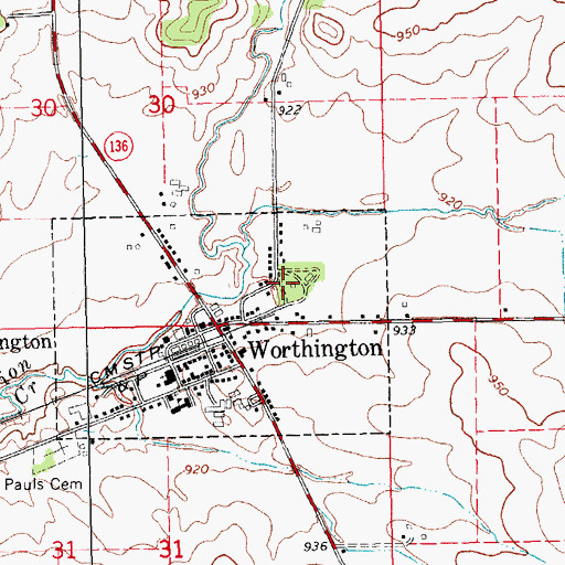 Topographic Map of Worthington Memorial Hall, IA