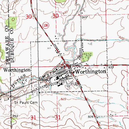 Topographic Map of Worthington City Hall, IA