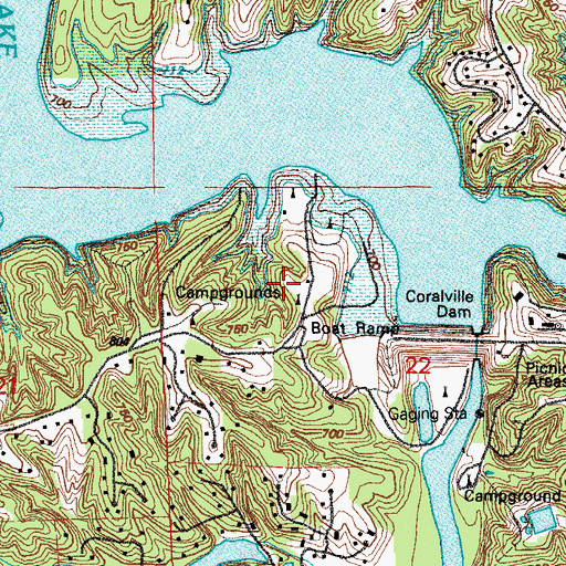 Topographic Map of Coralville Dam Complex Campgrounds, IA