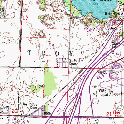 Topographic Map of Saint Peters Cemetery, WI