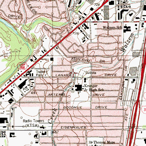 Topographic Map of Krueger Middle School, TX