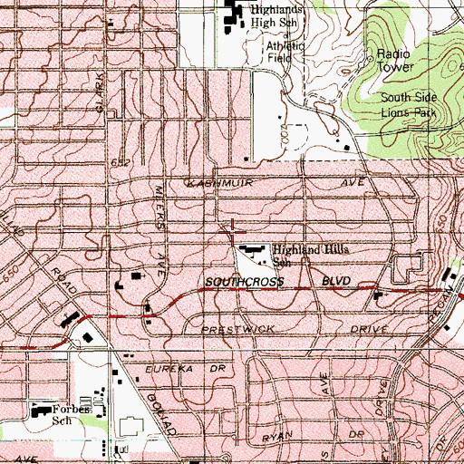 Topographic Map of Highland Hills Elementary School, TX