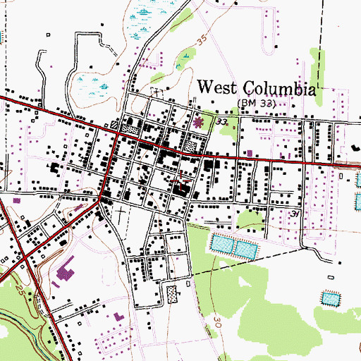 Topographic Map of West Columbia Junior High School (closed), TX