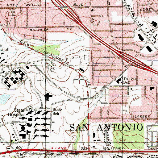 Topographic Map of San Antonio Street School, TX