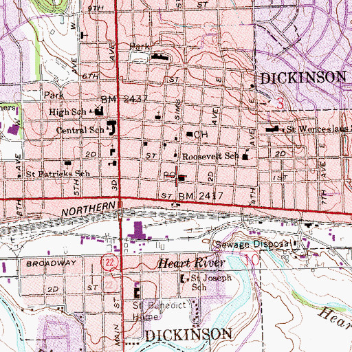 Topographic Map of Dickinson Post Office, ND