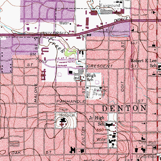 Topographic Map of Denton High School, TX