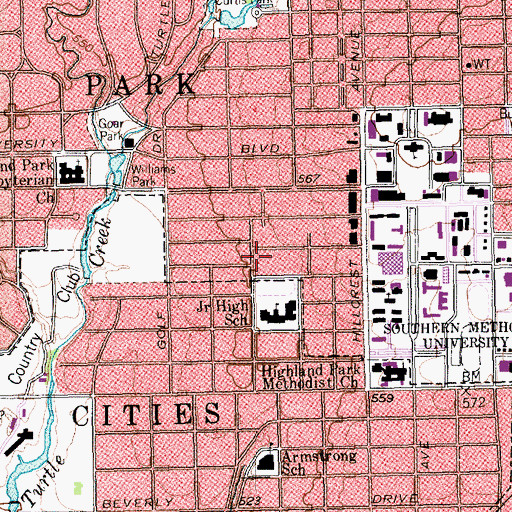Topographic Map of Highland Park Middle School, TX