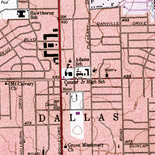 Topographic Map of J Q Adams Elementary School, TX