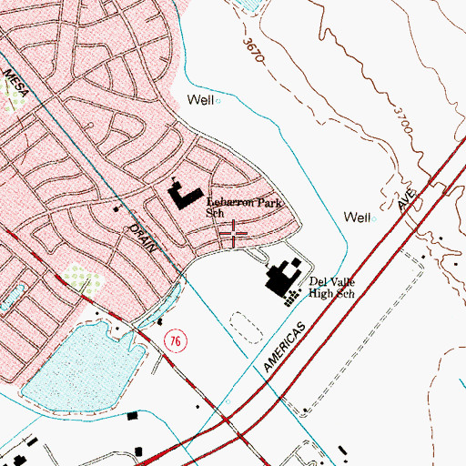 Topographic Map of Del Valle High School, TX