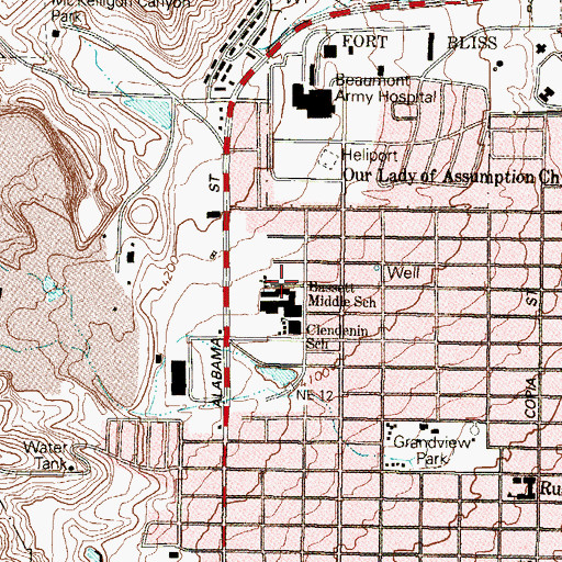 Topographic Map of Bassett Middle School, TX