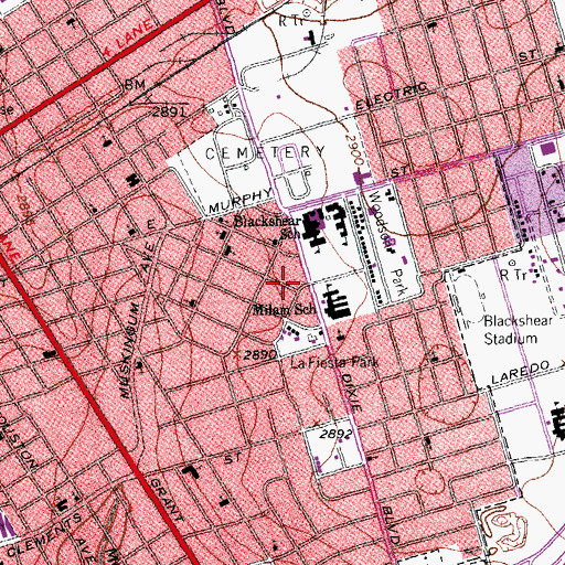Topographic Map of Milam Elementary Magnet School, TX
