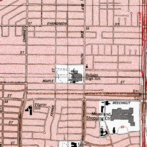 Topographic Map of Bellaire High School, TX