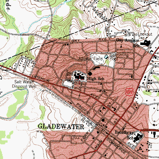 Topographic Map of Gladewater Middle School, TX