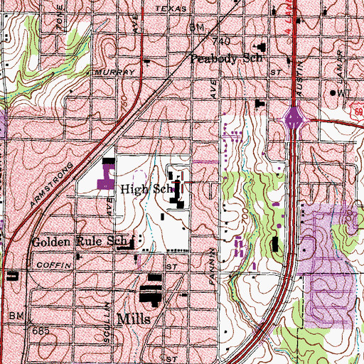 Topographic Map of Denison High School, TX