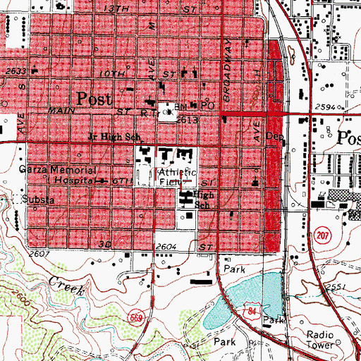 Topographic Map of Post High School, TX