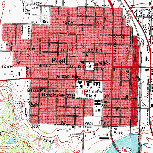 Topographic Map of Post Middle School, TX