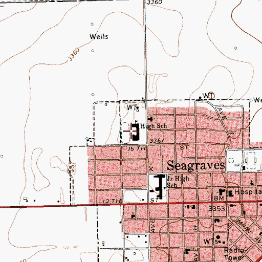Topographic Map of Seagraves Junior High School, TX