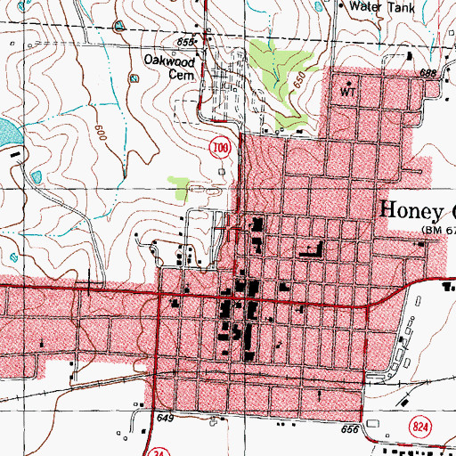 Topographic Map of Honey Grove High School, TX