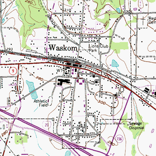 Topographic Map of Waskom Elementary School, TX