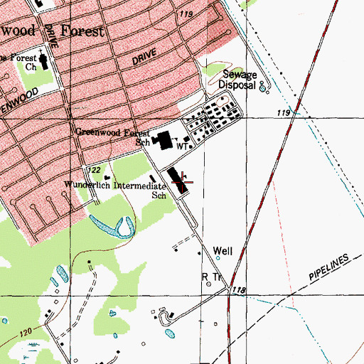 Topographic Map of Wunderlich Intermediate School, TX