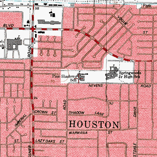 Topographic Map of Pine Shadows Elementary School, TX