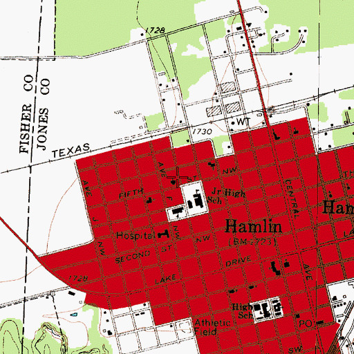 Topographic Map of Hamlin Elementary School, TX