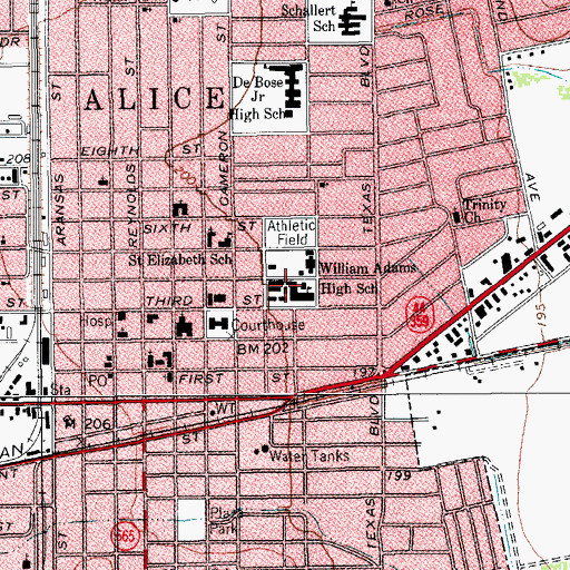Topographic Map of Adams Middle School, TX