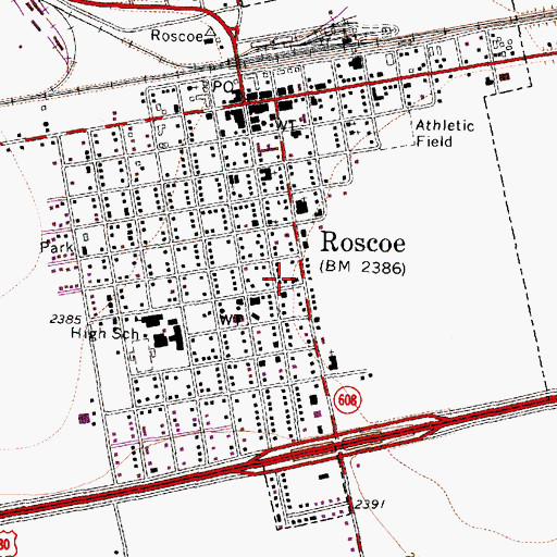Topographic Map of Roscoe High School, TX