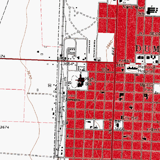 Topographic Map of Dumas High School, TX