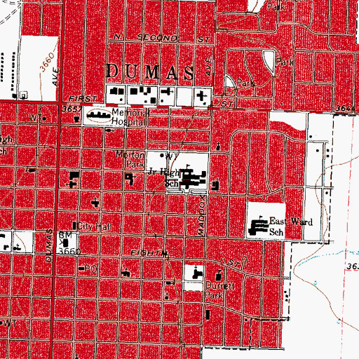 Topographic Map of Dumas Junior High School, TX