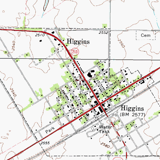 Topographic Map of Higgins School, TX