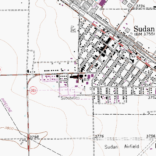 Topographic Map of Sudan High School, TX