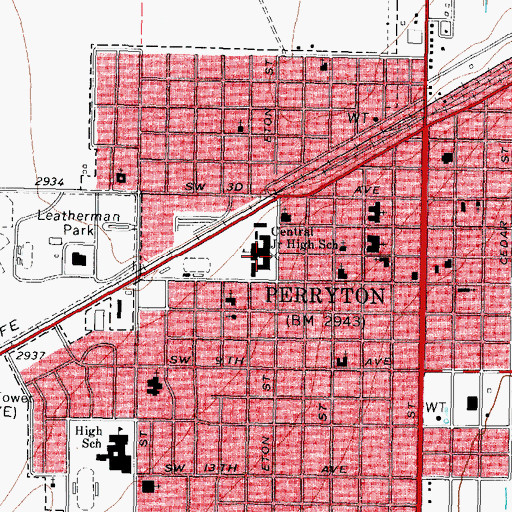 Topographic Map of Perryton Junior High School, TX