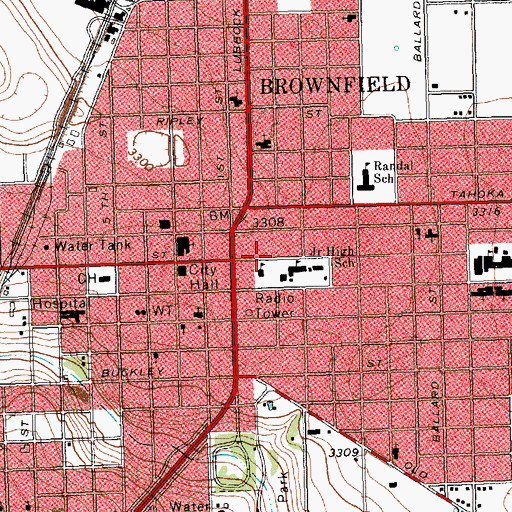 Topographic Map of Brownfield Intermediate School, TX