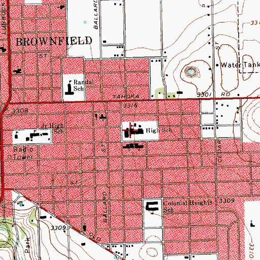 Topographic Map of Brownfield Middle School, TX
