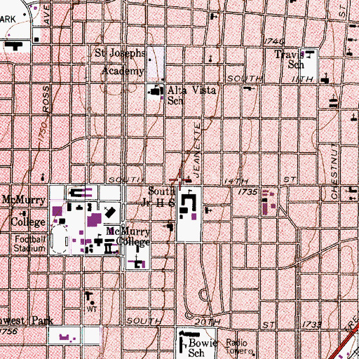 Topographic Map of Jefferson Middle School, TX